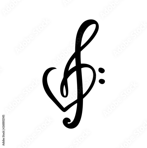 Hand drawn Love Music vector Logo treble clef and heart. Isolated on the white background