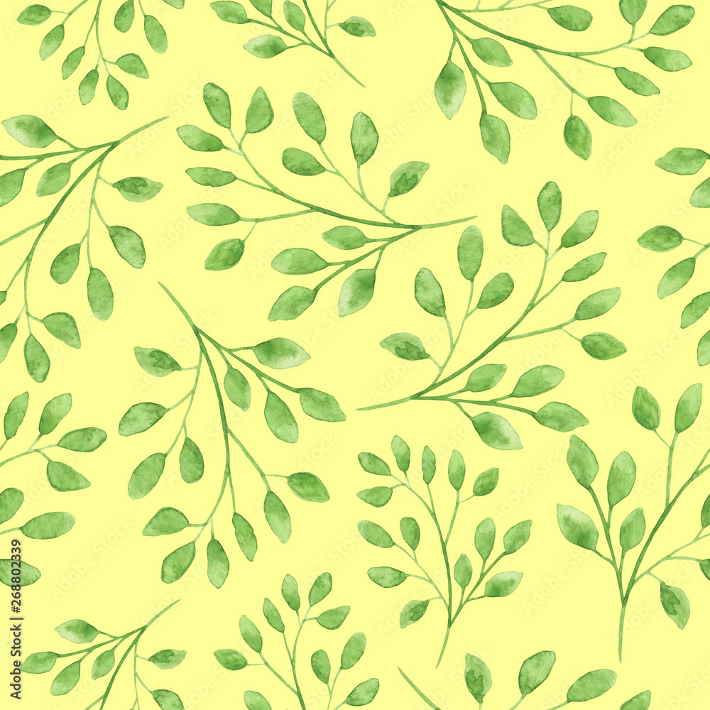 Watercolor seamless pattern with floral twigs. Hand drawn green leaves isolated on yellow background