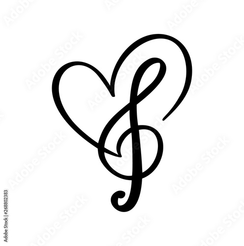 Music key and heart abstract hand drawn vector logo and icon. Musical theme flat design template. Isolated on the white background