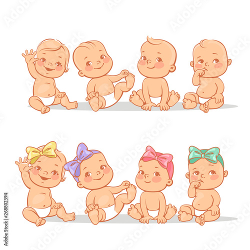 Happy little babies sit, play, waving hands, smiling.