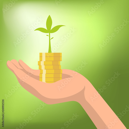 Money with plant growing from coins in hand Vector illustration.Saving money for investing concept
