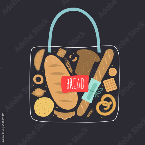 Bag of bread. Rye, whole grain and wheat bread, pretzel, muffin, pita , ciabatta, croissant, bagel, toast bread, french baguette for design menu bakery.