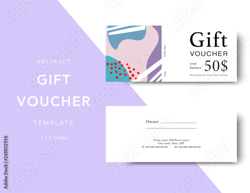 Gift voucher card template. Modern discount coupon for shopping with abstract pattern. Modern fashion background design with information sample text. Coupon template for gift and shopping.