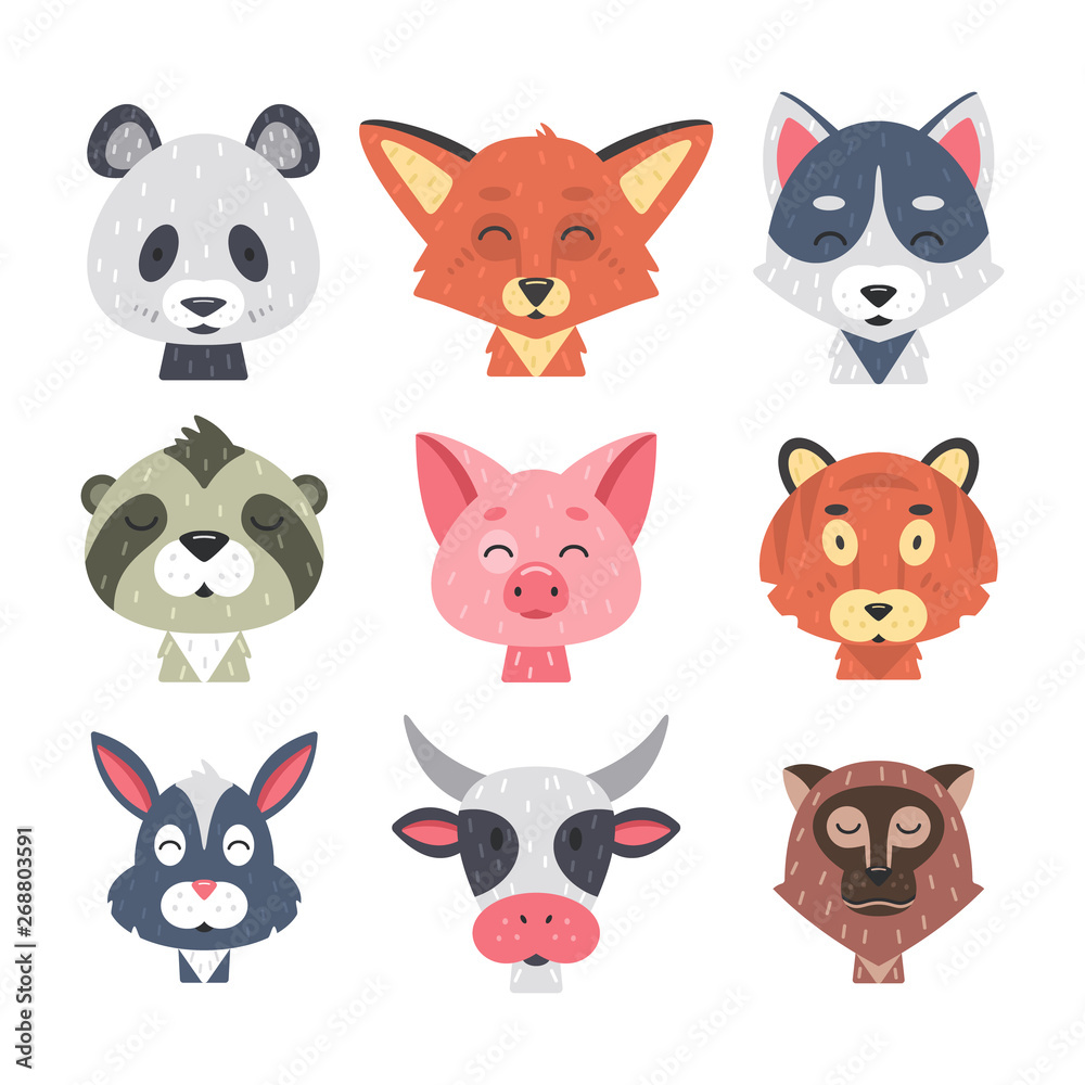 Cute animal faces vector set. Hand drawn animals characters. Fox, panda, rabbit, tiger, pig, wolf, cow, nonkey, sloth. Mammal kids. Cute animal faces vector set. Hand drawn animals characters. Fox, panda, rabbit, tiger, pig, wolf, cow, nonkey, sloth. Mammal kids.