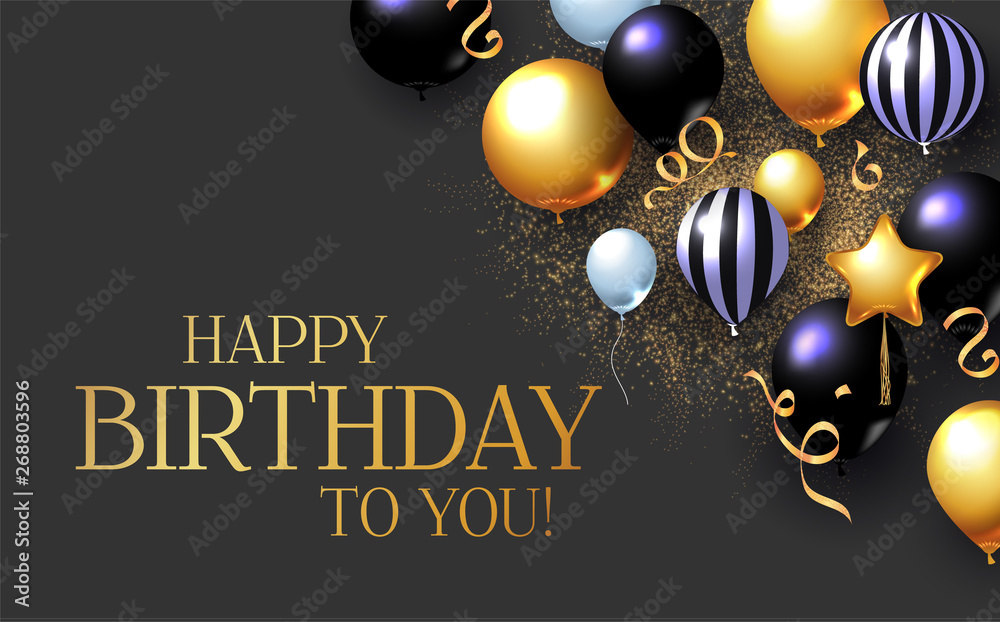Happy Birthday Congratulations Card Template with Realistic 3D Foil Balloons. - obrazy, fototapety, plakaty 