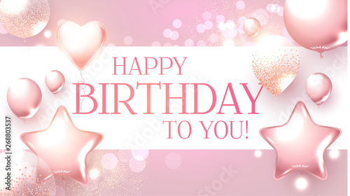 Happy Birthday Congratulations Card Template with Realistic 3D Foil Balloons.