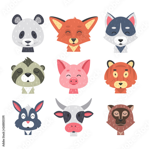 Cute animal faces vector set. Hand drawn animals characters. Fox, panda, rabbit, tiger, pig, wolf, cow, nonkey, sloth. Mammal kids.