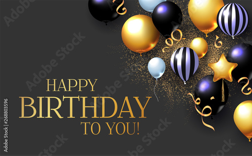 Happy Birthday Congratulations Card Template with Realistic 3D Foil Balloons.