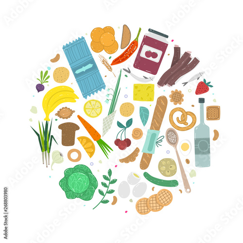 Paleo food circle concept. Healthy diet illustraion made in handdrawn rough style.
