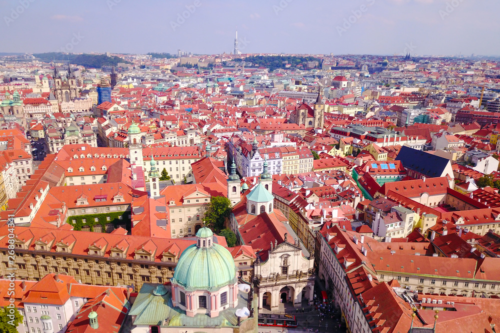 Aerial image of Prague, Czech Republic, on a Beautiful summer’s day over the city, including Charles Bridge and Prague One municipal district