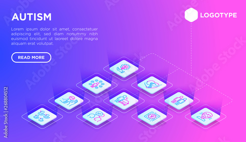 Autism symptoms and adaptive skills web page template with thin line isometric icons: repetitive behavior, stereotypy, ignoring of danger, autoaggression, social interaction. Vector illustration.