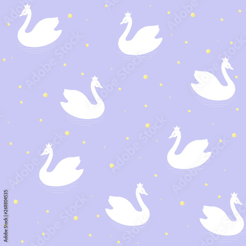 Swans. Seamless vector pattern of cartoons white birds on a colored background with golden confetti.