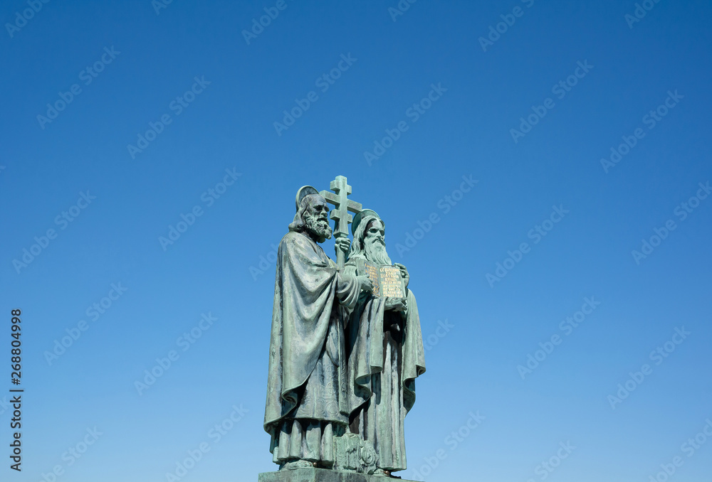 Statue of Saint Cyril and Methodius, Radhost hill, Beskids, Czech republic / Czechia - religious monument of Christian missionaries. Clear blue sky as copy space. Statue of Saint Cyril and Methodius, Radhost hill, Beskids, Czech republic / Czechia - religious monument of Christian missionaries. Clear blue sky as copy space.