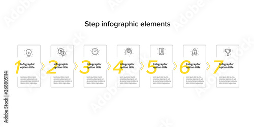 Business process chart infographics with 7 step circles. Circular corporate workflow graphic elements. Company flowchart presentation slide template. Vector info graphic design.