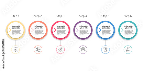 Business process chart infographics with 6 step circles. Circular corporate workflow graphic elements. Company flowchart presentation slide template. Vector info graphic design.