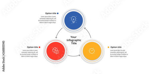 Business process chart infographics with 3 step circles. Circular corporate workflow graphic elements. Company flowchart presentation slide template. Vector info graphic design.