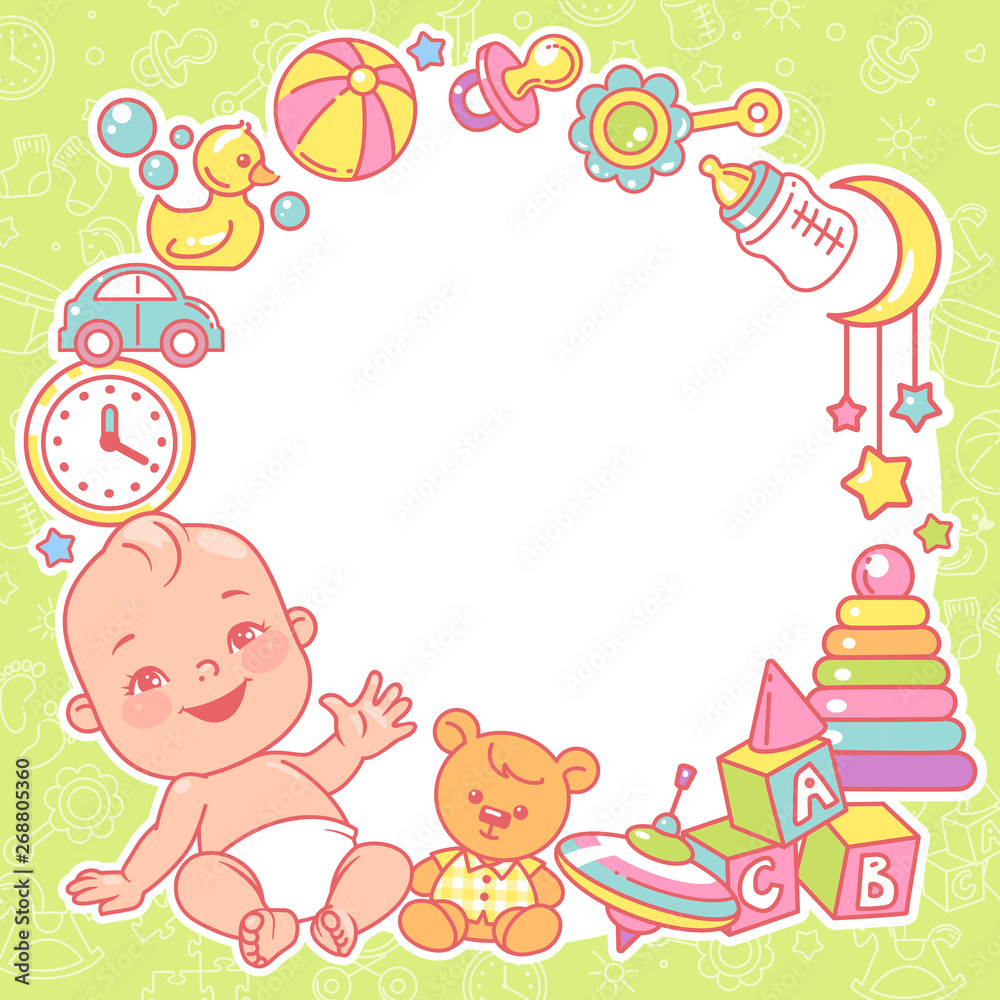 Baby shower design template. Baby boy with toy frame. Baby shower design template. Baby boy with toy frame.