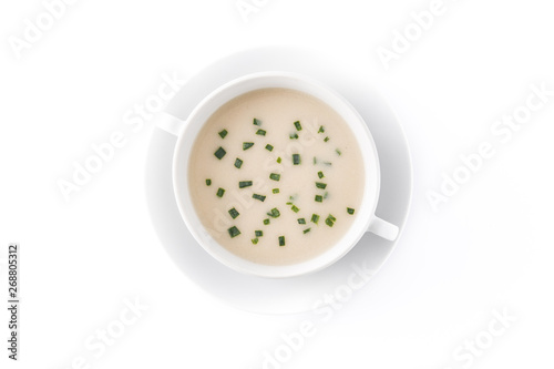 French vichyssoise soup in bowl isolated on white background. Top view