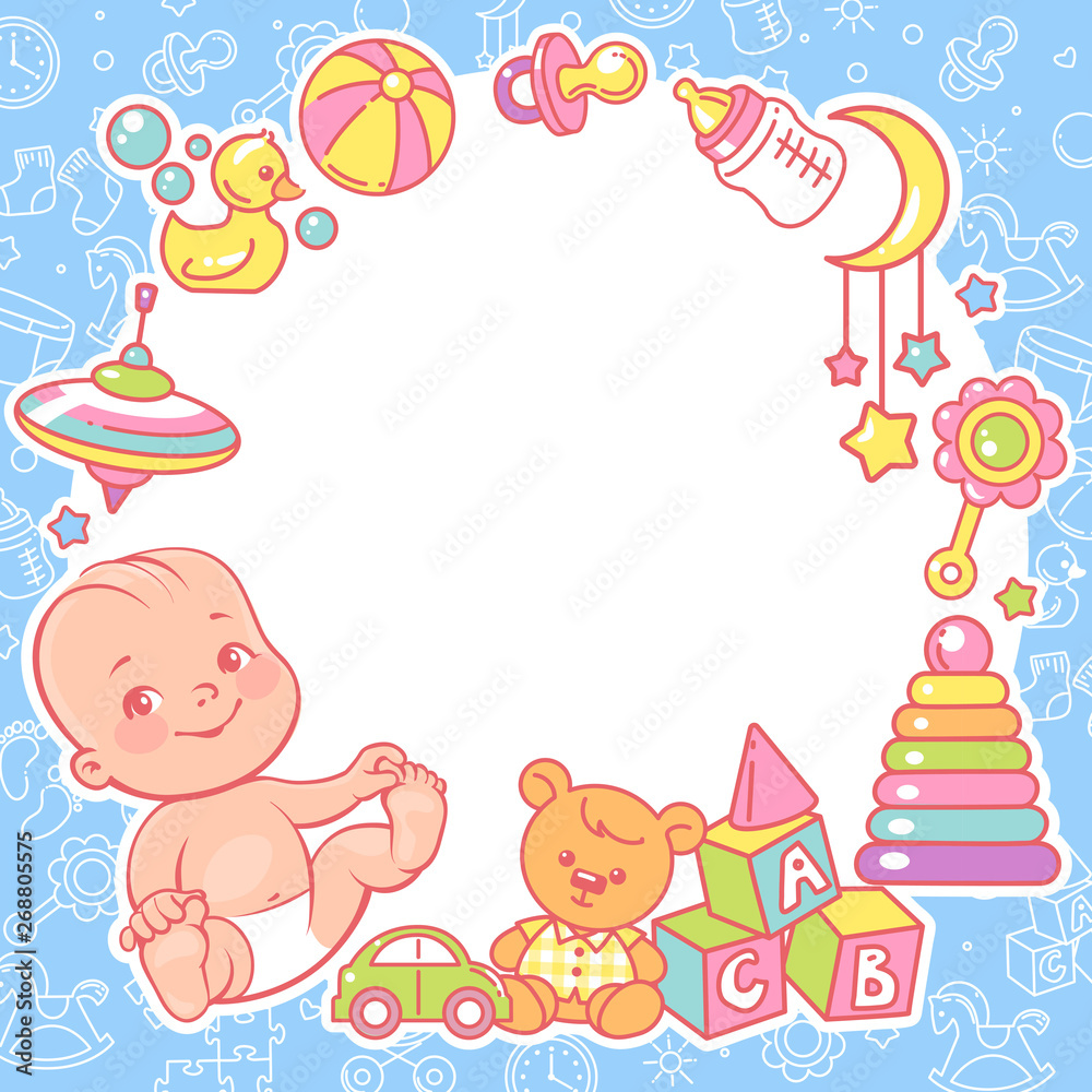 Baby shower design template. Baby boy with toy frame.