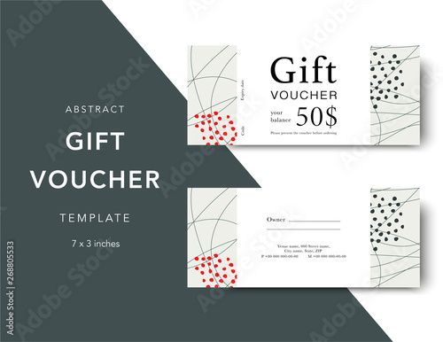 Gift voucher card template. Modern discount coupon for shopping with abstract pattern. Modern fashion background design with information sample text. Coupon template for gift and shopping.