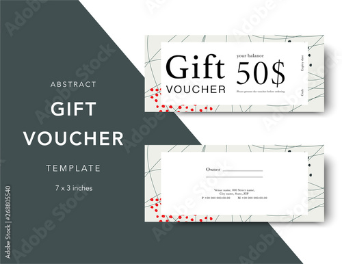 Gift voucher card template. Modern discount coupon for shopping with abstract pattern. Modern fashion background design with information sample text. Coupon template for gift and shopping.