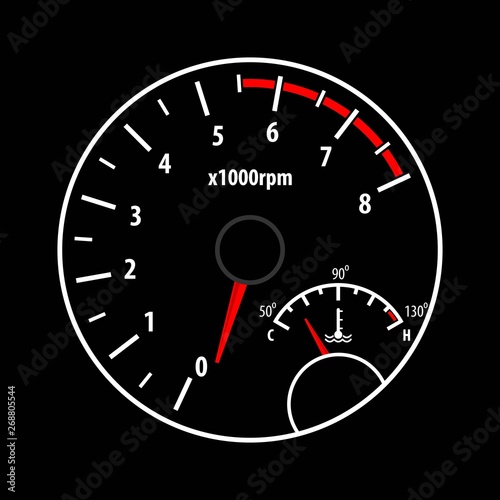 Tachometer and Car engine temperature gauge isolated on black background. Vector illustration.