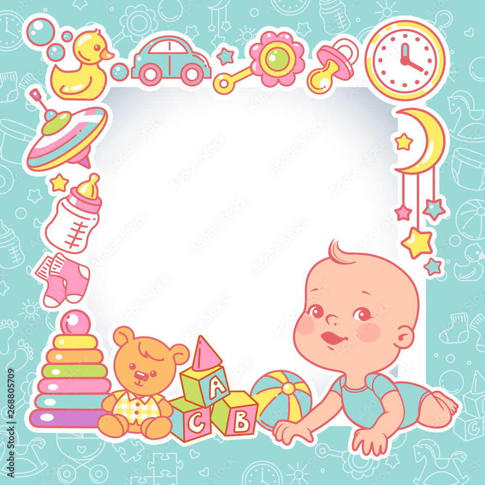Baby shower design template. Baby boy with toy frame. Baby shower design template. Baby boy with toy frame.