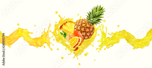 Orange, pineapple fruit juice or smoothie liquid splash mix. Healthy fruits juice or smoothie splash label ad banner design with orange, pineapple fruits mix and juice splash wave. 3D