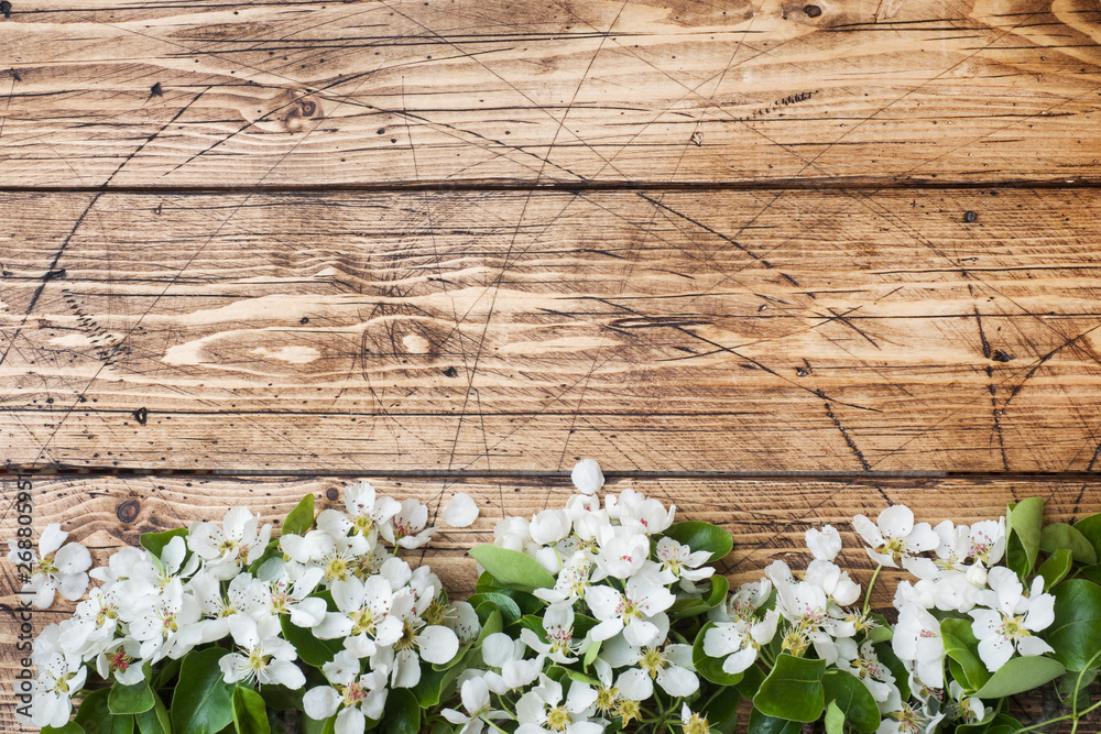 Spring flowering branch on wooden background. Apple blossoms Copy space Spring flowering branch on wooden background. Apple blossoms Copy space