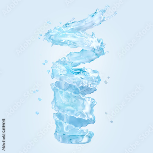 Fresh pure water swirl splash. Clean transparent sparkling water liquid wave in glass spiral form isolated. Healthy drink fluid splash, hydration or saving water ecology ad concept.3D