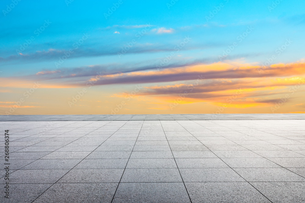 Empty square floor and beautiful sky at sunrise