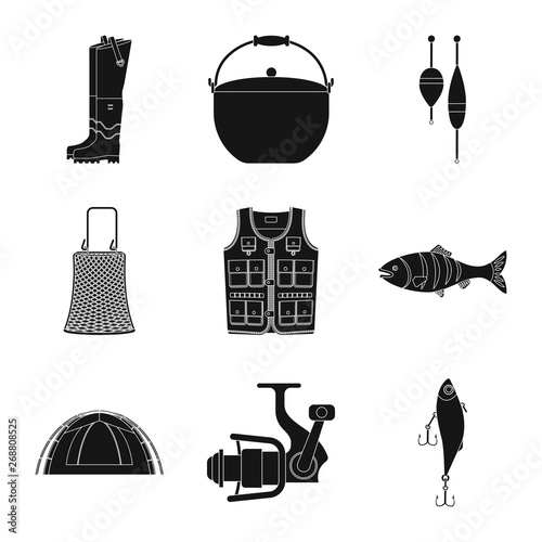 Vector design of fish and fishing symbol. Set of fish and equipment vector icon for stock.
