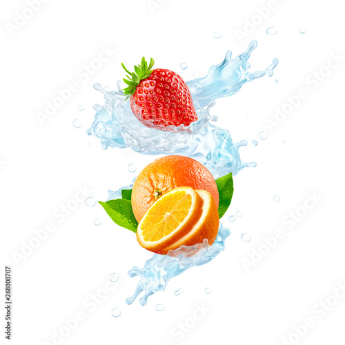 Fresh cold pure flavored water with orange, strawberry, orange slices wave splash. Clean infused water wave splash with citrus fruit, strawberry. Healthy flavored detox drink splash. 3D