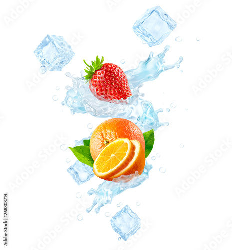 Fresh cold pure flavored ice water with strawberry and orange wave splash. Clean infused water wave splash with berries. Healthy flavored detox drink splash concept with ice cubes. 3D