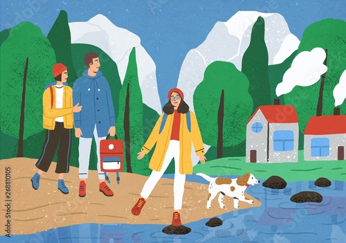 Group of cute happy friends hiking or backpacking in forest or woods at river or lake. Young smiling tourists or backpackers on walk or adventure travel. Flat cartoon colorful vector illustration.