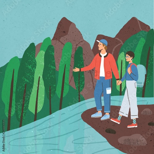 Young man and woman standing at river and holding hands. Cute couple travelling together through wild forest. Pair of tourists hiking or backpacking in woods. Flat cartoon colored vector illustration.