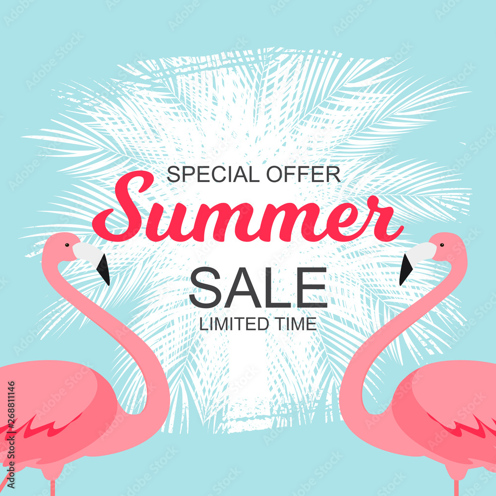 Fototapeta premium Summer Sale concept with Colorful Cartoon Pink Flamingo Background. Vector Illustration