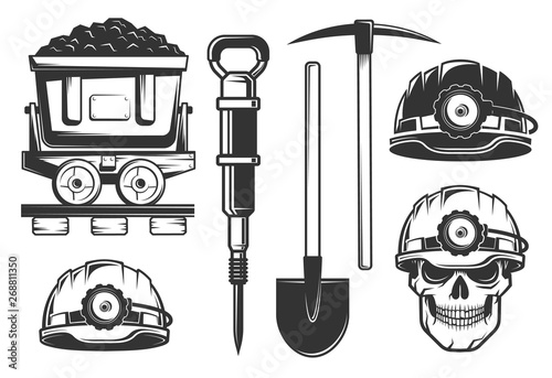 Miner equipment in retro style. Helmets and picks. Skull in hardhat.