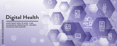 Digital Health Icon Set with Wearable Technology Web Header Banner
