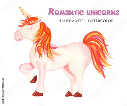 Watercolor cute cartoon romantic unicorn. Illustration on white background for children  baby shower  posters  cards  invitations  weddings  greeting cards.