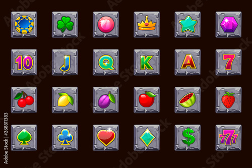 Vector big set gaming icons for slot machines and a lottery on stone square. Game casino, slot, UI. Vector icons on separate layers.
