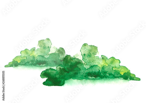 Watercolor abstract green spot, blot. Colorful vintage background, reminiscent of a forest landscape,mountain. Green outlines of the silhouette of the forest. 