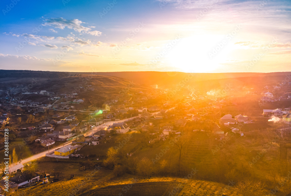 Beautiful sunset village,  Aerial view, Moldova 2019