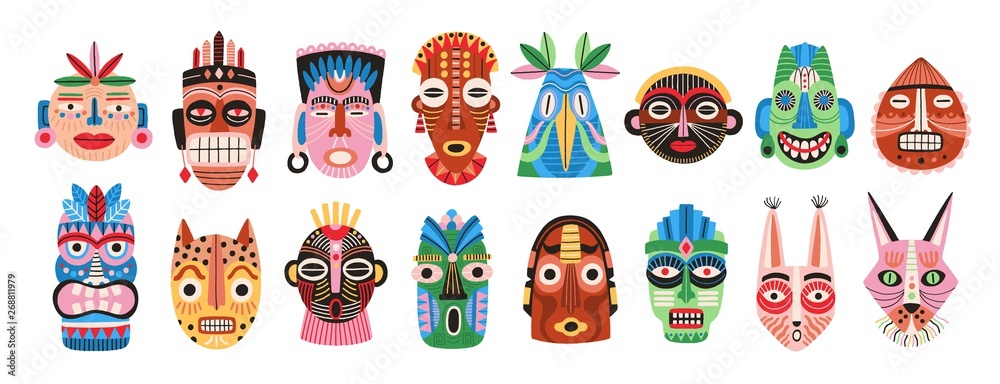 Fototapeta Kolekcja tradycyjnych rytualnych lub ceremonialnych masek afrykańskich, hawajskich lub azteckich, ukształtowanych po ludzkiej twarzy lub kagańcu zwierzęcia na białym tle. Ilustracja kreskówka kolorowy wektor płaski.