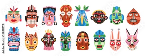 Collection of traditional ritual or ceremonial African, Hawaiian or Aztec masks shaped after human face or animal's muzzle isolated on white background. Flat cartoon colorful vector illustration.