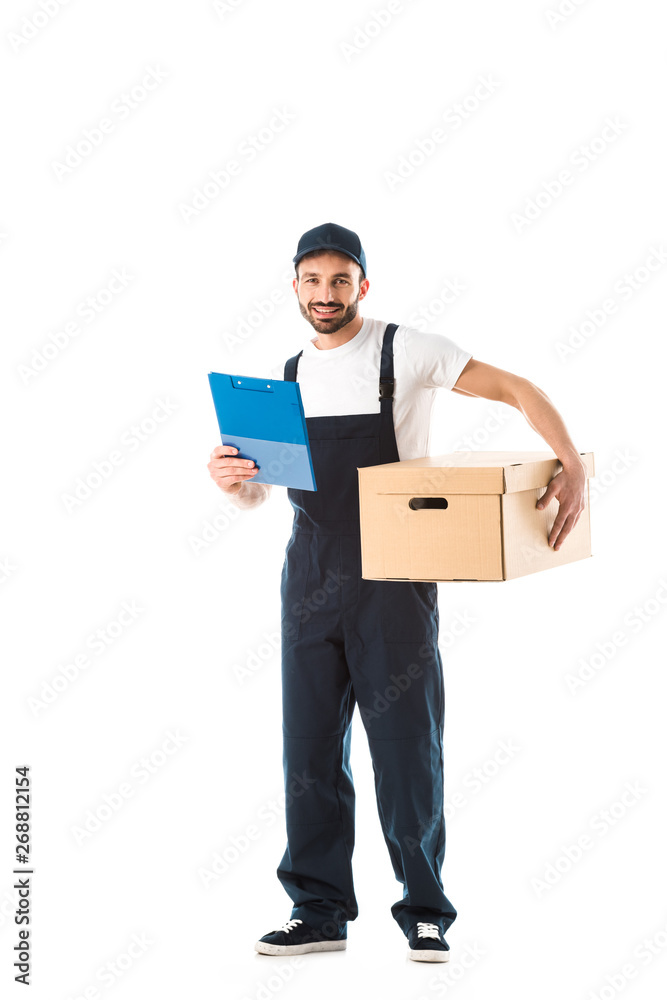 cheerful delivery man with carton box holding clipboard and smiling at camera isolated on white cheerful delivery man with carton box holding clipboard and smiling at camera isolated on white