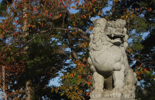 神社の狛犬と紅葉