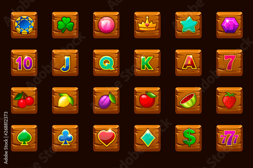 Vector big set gaming icons for slot machines and a lottery on wooden square. Game casino, slot, UI. Vector icons on separate layers.