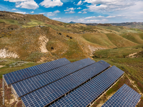 Alternative energy, solar panels for farmers, Sicily, Italy. Aerial top view