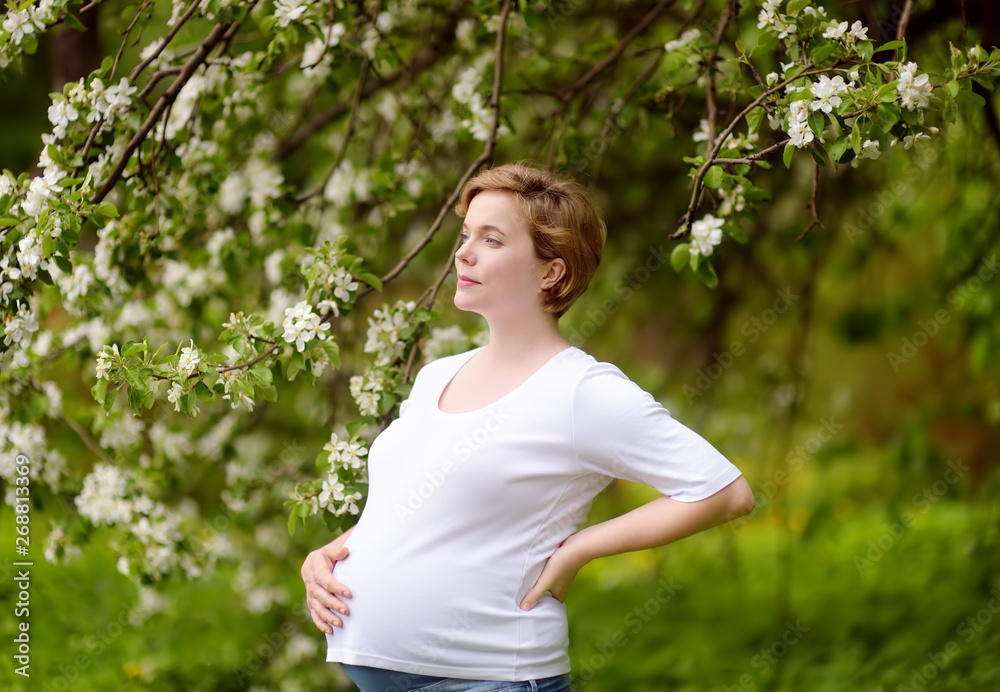 Portrait of a beautiful pregnant young woman at the spring park Portrait of a beautiful pregnant young woman at the spring park